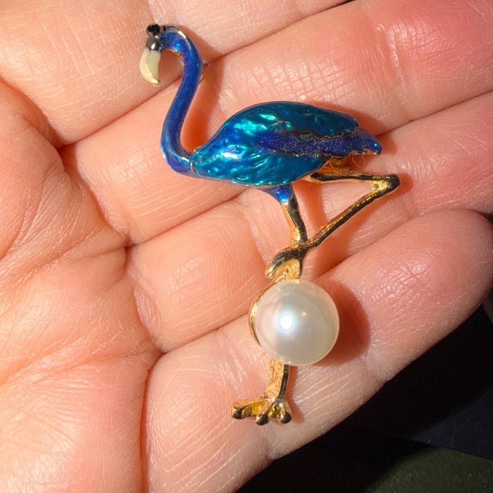 Blue Flamingo Brooch Women Enamel Faux‎ Pearl Gold Tone New